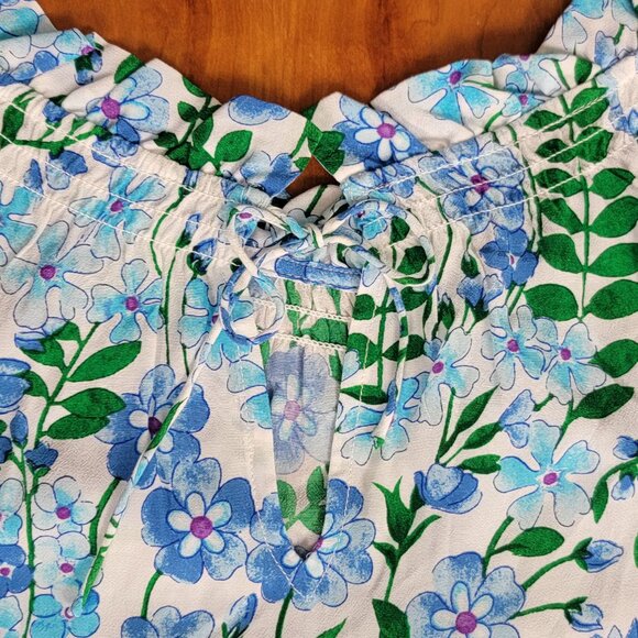 Talbots Blue Climbing Floral Popover Smocked Blouse - L - Picture 10 of 13